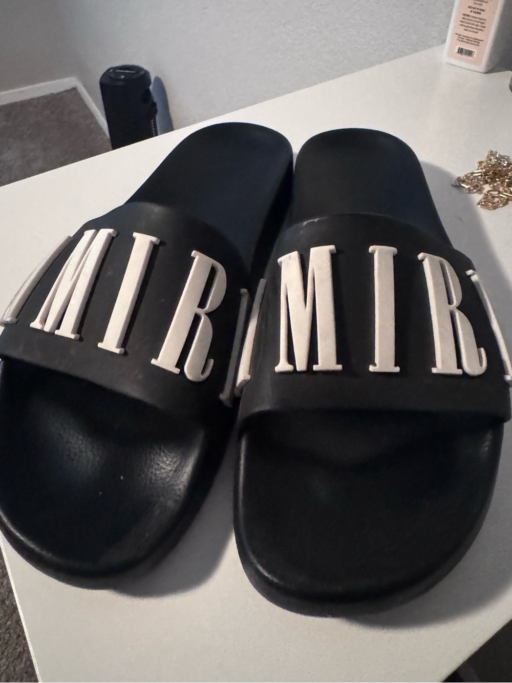 Black Slide Sandals with Raised White Lettering